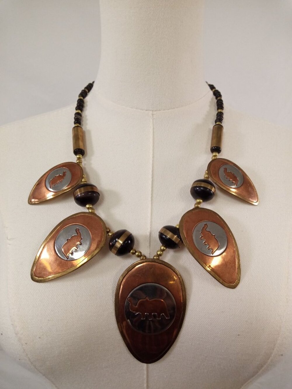 Vintage Handmade African Tribal Brass/Copper Elephant Motif Necklace 22 in
